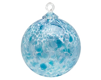 Hand Blown Glass Ornament - “Teal White Powder” - Suncatcher - Witches Ball - Dehanna Jones - Handmade in Seattle