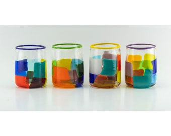 Set of 4 Handmade Blown Glass Rocks Drinking Glasses - Square Tile Pattern - Artist Dehanna Jones - Made in Seattle, Wa
