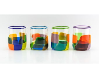 Set of 4 Handmade Blown Glass Rocks Drinking Glasses - Square Tile Pattern - Artist Dehanna Jones - Made in Seattle, Wa.