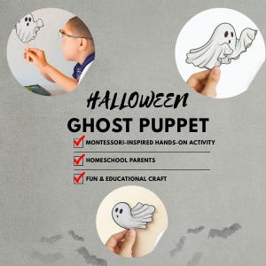 Halloween Ghost Puppet Printable | Montessori-Inspired Craft for Kids | Fun Educational Homeschool Activity | DIY Halloween Decoration