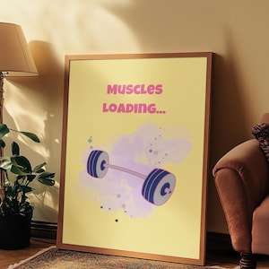 Playful workout poster, Kitschy gym humor wall art, Self improvement dumbbell print, Colorful quirky fitness muscles loading art print