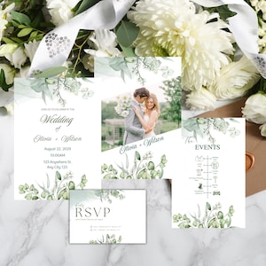 Light Sage Wedding Invitation Suite: Canva DIY Template (Digital Download)