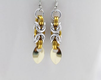Gold & Silver Byzantine Chainmaille Earrings - Earrings for Sensitive Ears - Ready to Ship!