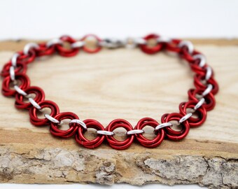 Red Mobius Chainmaille Bracelet - Red & Silver Chainmaille Bracelet - Anodized Aluminum Bracelet - Jewelry for Sensitive Skin