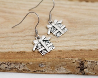 Gift Box Earrings - Present w/ Bow Charm Earrings - Hypoallergenic Earrings for Sensitive Ears - Surgical Steel Earrings