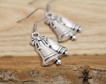 Silver Bell Charm Earrings - Christmas Charm Earrings - Earrings for Sensitive Ears - Surgical Steel Earrings