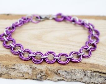 Violet Purple & Silver Mobius Bracelet - Purple Chainmaille Bracelet - Anodized Aluminum Bracelet - Jewelry for Sensitive Skin