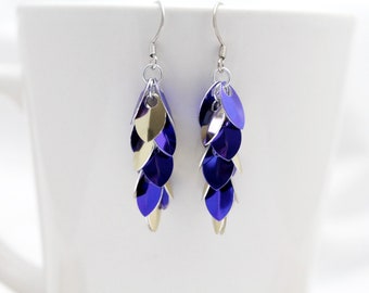 Tiny Purple & Gold Shaggy Scales Chainmaille Earrings - Earrings for Sensitive Ears - Ready to Ship!