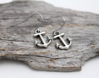 Antique Silver Anchor Charm Earrings - Earrings for Sensitive Ears - Surgical Steel Earrings