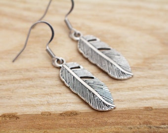 Silver Feather Charm Earrings - Hypoallergenic Earrings for Sensitive Ears - Surgical Steel Earrings