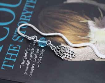 Hamsa Charm Bookmark w/ Aquamarine Blue Crystal Bead - Book & Mug NOT included