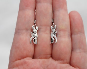 Antique Silver Tiny Deer Charm Earrings - Christmas Charm Earrings - Earrings for Sensitive Ears - Surgical Steel Earrings