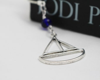 Sailboat Charm Bookmark w/ Sapphire Blue Crystal Bead - Book & Mug NOT included