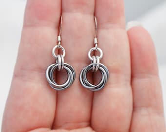 Black Ice Mobius Chainmaille Earrings - Small Knot Earrings - Earrings for Sensitive Ears