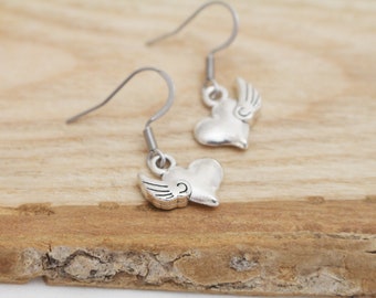 Flying Heart Charm Earrings - Hypoallergenic Earrings for Sensitive Ears - Surgical Steel Earrings