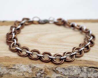 Bronze & Silver Mobius Chainmaille Bracelet - Brown Chainmaille Bracelet - Anodized Aluminum Bracelet - Jewelry for Sensitive Skin