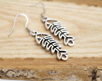 Antique Silver Fish Bone Earrings - Hypoallergenic Earrings for Sensitive Ears - Surgical Steel Earrings