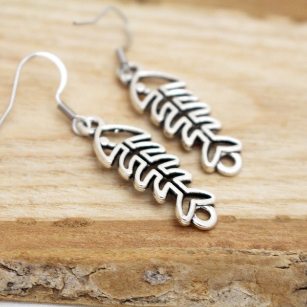 Antique Silver Fish Bone Earrings - Hypoallergenic Earrings for Sensitive Ears - Surgical Steel Earrings