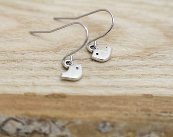 Tiny Silver Bird Charm Earrings - Earrings for Sensitive Ears - Surgical Steel Earrings