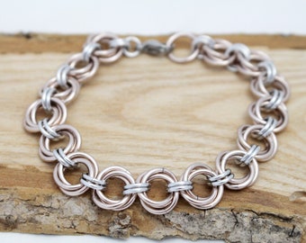 Chunky 16g Rose Gold & Silver Mobius Bracelet - Rose Gold Chainmaille Bracelet - Anodized Aluminum Bracelet - Jewelry for Sensitive Skin