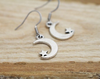 Moon & Star Charm Earrings - Hypoallergenic Earrings for Sensitive Ears - Surgical Steel Earrings