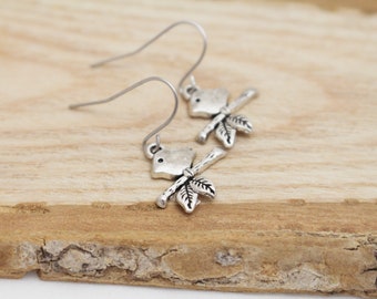 Silver Bird on a Branch Charm Earrings - Earrings for Sensitive Ears - Surgical Steel Earrings