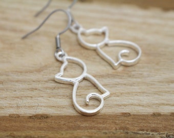 Cat Silhouette Charm Earrings - Hypoallergenic Earrings for Sensitive Ears - Surgical Steel Earrings