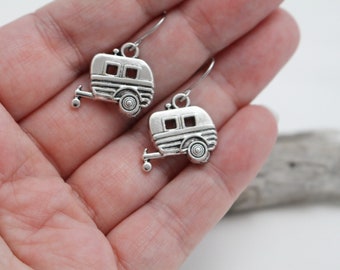 Antique Silver Camper Charm Earrings - Earrings for Sensitive Ears - Surgical Steel Earrings