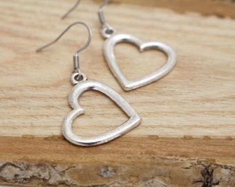 Silver Heart Charm Earrings - Hypoallergenic Earrings for Sensitive Ears - Surgical Steel Earrings