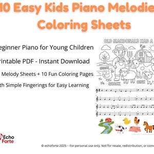 Easy Kids Piano Melodies: Beginner Sheet Music + Coloring (PDF Download