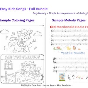Easy Kids Piano Songs: Melody & Accompaniment + Coloring (PDF Download)