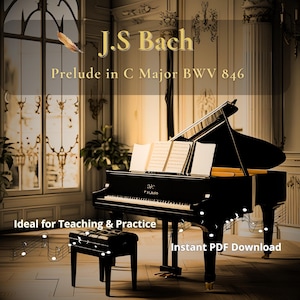 Może przedstawiać: Czarny fortepian z nutami na pulpicie. Tekst na obrazku brzmi "J.S Bach Preludium C-dur BWV 846" i "Natychmiastowe pobieranie PDF". Przed fortepianem znajduje się czarny stołek fortepianowy.