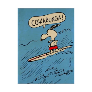 Vertical Poster, Snoopy Cowabunga Surfing Print, Matte Poster Wall Art, Snoopy Cartoon Surf Decor, Gift for Snoopy Fan, Teen Room Decor,