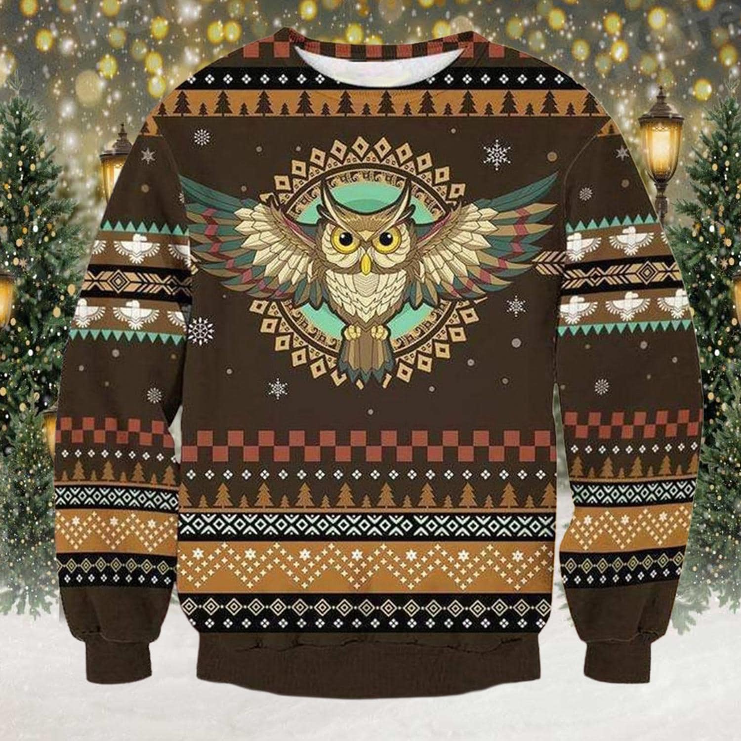 Owl Christmas Sweater, Boho Woodland Owl Ugly Xmas Jumper, Vintage Tribal Pattern Holiday Pullover, 