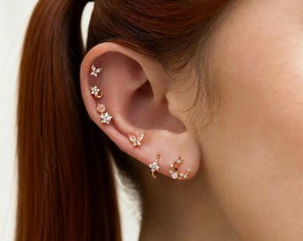18K Gold Butterfly CZ Earrings Set: Dainty Studs & Hoops