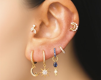Dainty Zircon Star & Moon Earrings Set, Minimalist Hypoallergenic Jewelry
