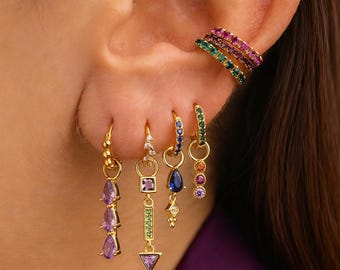 Colorful CZ Earrings Set: Dainty Studs, Hoops & Cuffs - Hypoallergenic