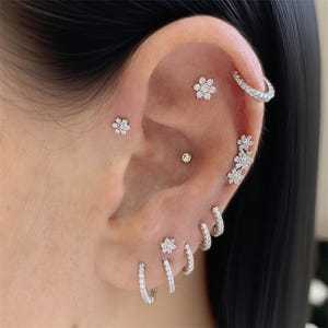 Puede incluir: Una oreja adornada con múltiples piezas de joyería. La oreja presenta varios pendientes pequeños con forma de flor, un pequeño pendiente de bola y múltiples pendientes de aro. Un pendiente curvo se coloca en la parte superior de la oreja y un grupo de pendientes de flores se coloca a un lado.