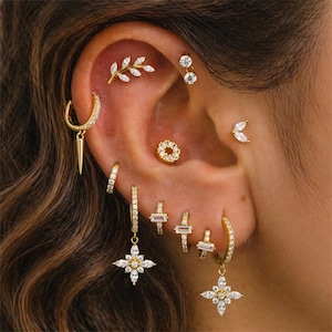 May include: A collection of gold-toned earrings adorns an ear, featuring various designs. These include a leaf-shaped stud, a double-stone stud, a small hoop with a spike, and several hoops with dangling star-shaped and rectangular gem pendants.