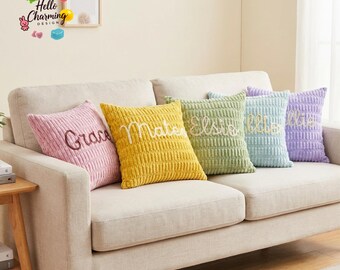 Taie d'oreiller personnalisée en chenille, Coussin prénom brodé, Coussin de canapé personnalisé, Housse de coussin zippée, Cadeau de pendaison de crémaillère, Décoration d'intérieur