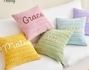 Taie d'oreiller en chenille avec prénom personnalisé, Coussin prénom brodé, Cadeau de pendaison de crémaillère, Décoration d'intérieur, Coussin de canapé personnalisé, Housse de coussin