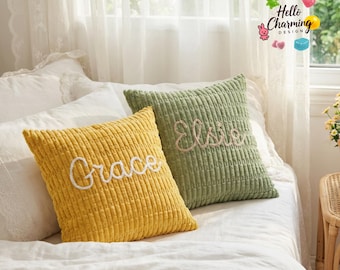 Housse de coussin en chenille avec prénom personnalisé, Coussin prénom brodé, Coussin de canapé personnalisé, Articles de maison, Cadeau de pendaison de crémaillère, Décoration d'intérieur