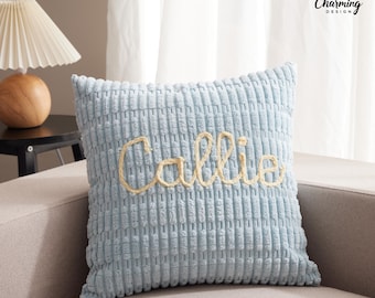 Custom Name Chenille Pillow Cover, Embroidered Name Cushion, Personalised Sofa Cushion, Zipped Cushion Cover, Housewarming Gift, Home Decor