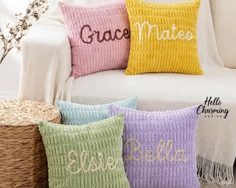 Taie d'oreiller en chenille avec prénom personnalisé, Coussin prénom brodé, Cadeau de pendaison de crémaillère, Décoration d'intérieur, Coussin de canapé personnalisé, Housse de coussin