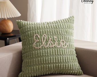 Custom Name Chenille Pillow Cover, Embroidered Name Cushion, Personalised Sofa Cushion, Zipped Cushion Cover, Housewarming Gift, Home Decor