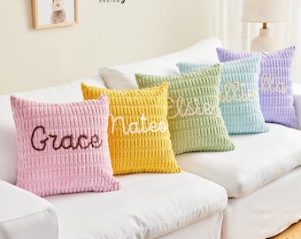 Custom Name Chenille Pillow Cover, Embroidered Name Cushion, Personalised Sofa Cushion, Zipped Cushion Cover, Housewarming Gift, Home Decor