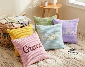 Taie d'oreiller personnalisée en chenille, Coussin prénom brodé, Coussin de canapé personnalisé, Housse de coussin zippée, Cadeau de pendaison de crémaillère, Décoration d'intérieur
