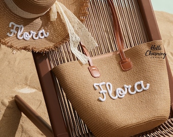 Sac fourre-tout personnalisé avec nom, sac fourre-tout en paille et chapeau de paille, sac fourre-tout personnalisé, sac de plage d'été, sac de vacances, cadeau de demoiselle d'honneur