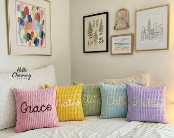 Taie d'oreiller en chenille avec prénom personnalisé, Coussin prénom brodé, Cadeau de pendaison de crémaillère, Décoration d'intérieur, Coussin de canapé personnalisé, Housse de coussin