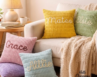 Taie d'oreiller personnalisée en chenille, Coussin prénom brodé, Coussin de canapé personnalisé, Housse de coussin zippée, Cadeau de pendaison de crémaillère, Décoration d'intérieur